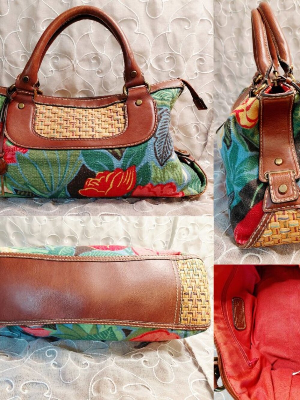 Fossil Vintage Floral Tapestry Leather Satchel Handbag - Picture 1 of 11